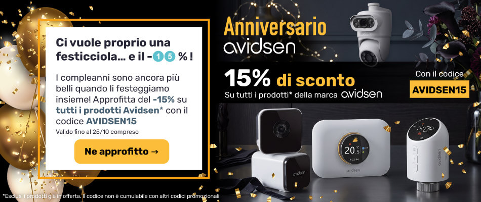 Anniversario Avidsen: 15% di sconto, esclusi i prodotti gi&agrave; in offerta, con il codice AVIDSEN15