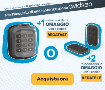 2 telecomandi in omaggio con il codice REGATELE o 1 codice digitale in omaggio con il codice REGATAST per l'acquisto di una motorizzazione Avidsen