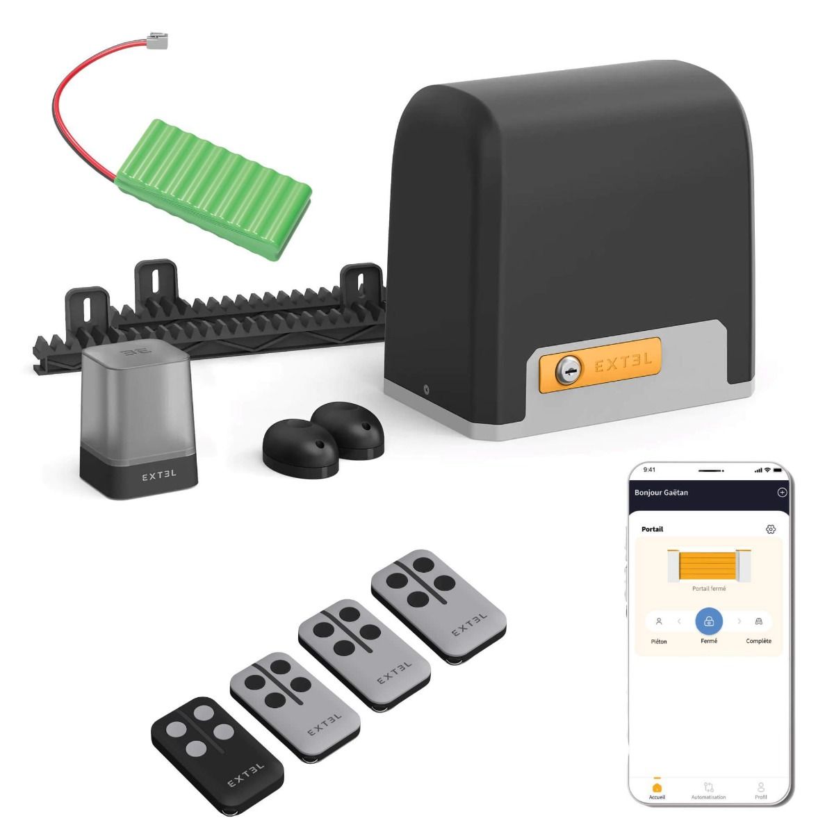 Il kit di emergenza: la batteria + la motorizzazione scorrevole + i 4 telecomandi