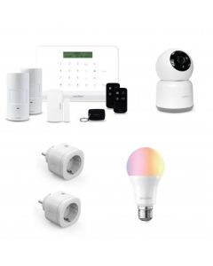 Kit Allarme Casa WiFi/GSM + Telecamera da Interno motorizzata Wi-Fi 2Mp + 2 Prese Wi-Fi + Lampadina RGB E27 Wi-Fi connessa