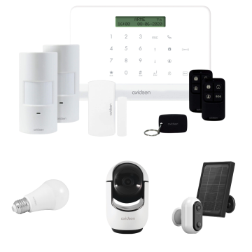 Kit Allarme Casa WiFi/GSM - Centrale Allarme  + Telecamera Interna motorizzata 2Mp + Telecamera a Batteria con pannello solare + Lampadina RGB E27 Wi-Fi connessa