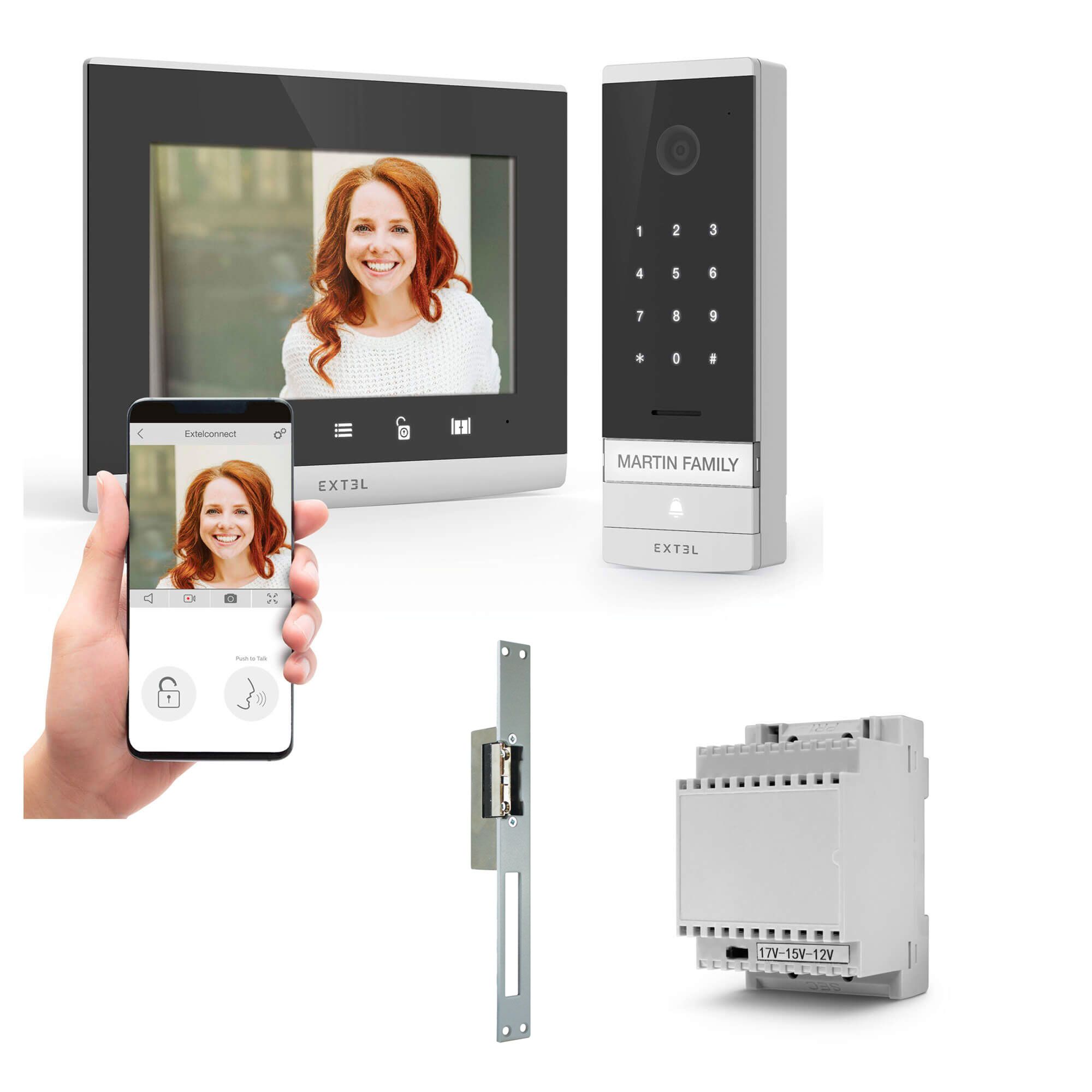 Kit videocitofono cablato e connesso Extel Connect con trasformatore modulare e serratura elettrica