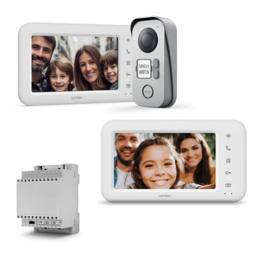 Kit videocitofono cablato per 2 famiglie + schermo extra + trasformatore