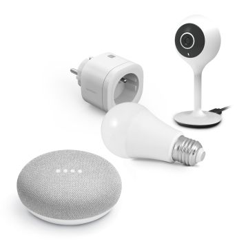 Start connect kit Avidsen Home (telecamera + presa + lampadina collegata) Google Home Mini + presa collegata + telecamera fissa collegata + lampadina collegata