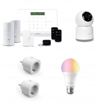 Kit Allarme Casa WiFi/GSM + Telecamera da Interno motorizzata Wi-Fi 2Mp + 2 Prese Wi-Fi + Lampadina RGB E27 Wi-Fi connessa