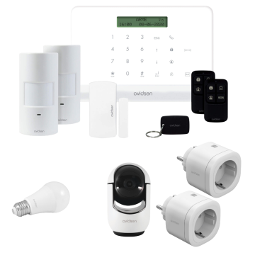 Kit Allarme Casa WiFi/GSM + Telecamera da Interno motorizzata Wi-Fi 2Mp + 2 Prese Wi-Fi + Lampadina RGB E27 Wi-Fi connessa